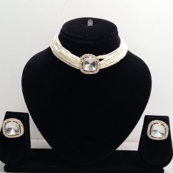 White Pearl Multi-Strand Choker Necklace Set with Square Crystal Earrings
