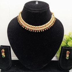 Traditional Gold Plated Pearl & Red Green Stone Choker Necklace Set for Women