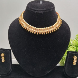 Traditional Gold Plated Pearl & White Stone Choker Necklace Set for Women