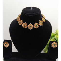 Traditional Green Stone Gold-Plated Necklace Set with Matching Earrings for Women