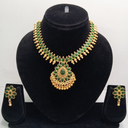 Gold Plated Green Stone Traditional Necklace Set with Matching Earrings for Women