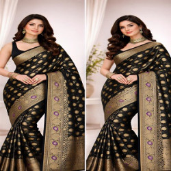Black Banarasi Silk Blend Saree with Golden Zari Butta & Floral Border | Party Wear Wedding Saree with Blouse Piece
