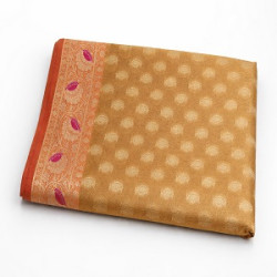 Women’s Orange Banarasi silk saree with a golden zari weave and a brocade pallu.