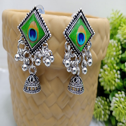 Elegant Oxidised Silver Square Peacock Jhumka Earrings for Women & Girls