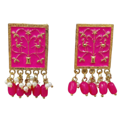 Pink Meenakari Gold Plated Pearl Drop Earrings for Women | Traditional Ethnic Dangle Earrings