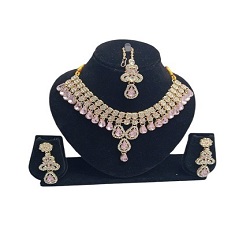 Pink Bridal American Diamond Choker Necklace Set with Maang Tikka & Earrings
