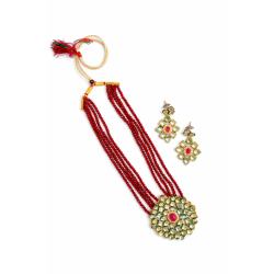 Maroon Beaded Kundan Necklace Set with Designer Pendant & Earrings