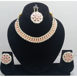 Baby Pink Stone Choker Necklace Set with Earrings & Maang Tikka – Traditional Jewellery