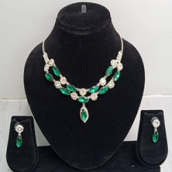 Green Silver Plated American Diamond Necklace Set for Women – Party Wear Jewellery