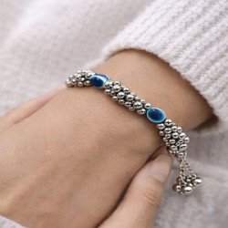 Oxidized Silver Beaded Bracelet with Blue Stone Accents for Women