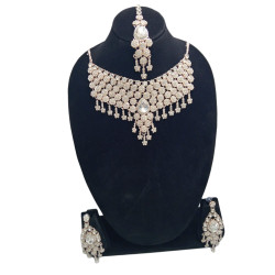 Bridal American Diamond Choker Necklace Set with Maang Tikka & Earrings | Silver Finish Wedding Jewellery