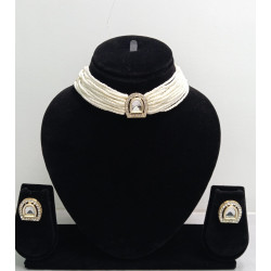 White Pearl Choker Necklace Set with Designer Stone Pendant & Earrings