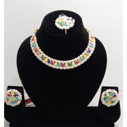 Kundan Pearl Choker Necklace Set with Matching Earrings & Maang Tikka