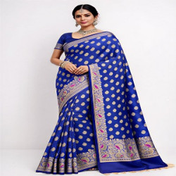 Blue Banarasi Silk Blend Saree with Golden Zari Butta & Floral Border | Party Wear Wedding Saree with Blouse Piece