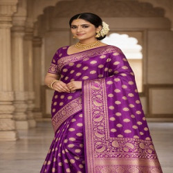 Traditional Women’s purple woven Kanjivaram silk blend jacquard saree.