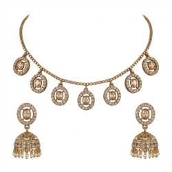 Champagne Gold Medallion Charm Necklace & Pearl Drop Jhumka Earring Set